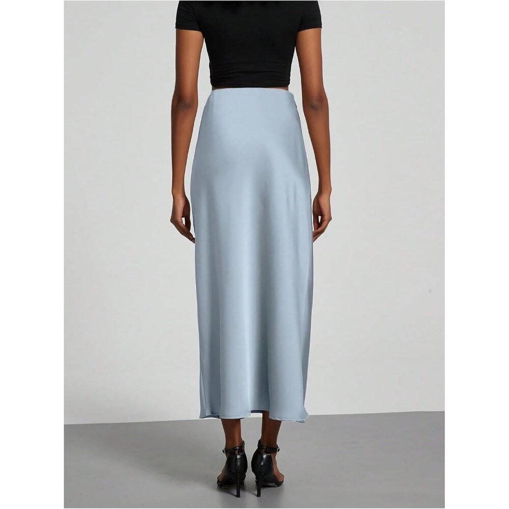 Women's Dusty Blue 100% Polyester Satin A Line Long Elegant Office Maxi Skirts - Picture 3 of 5